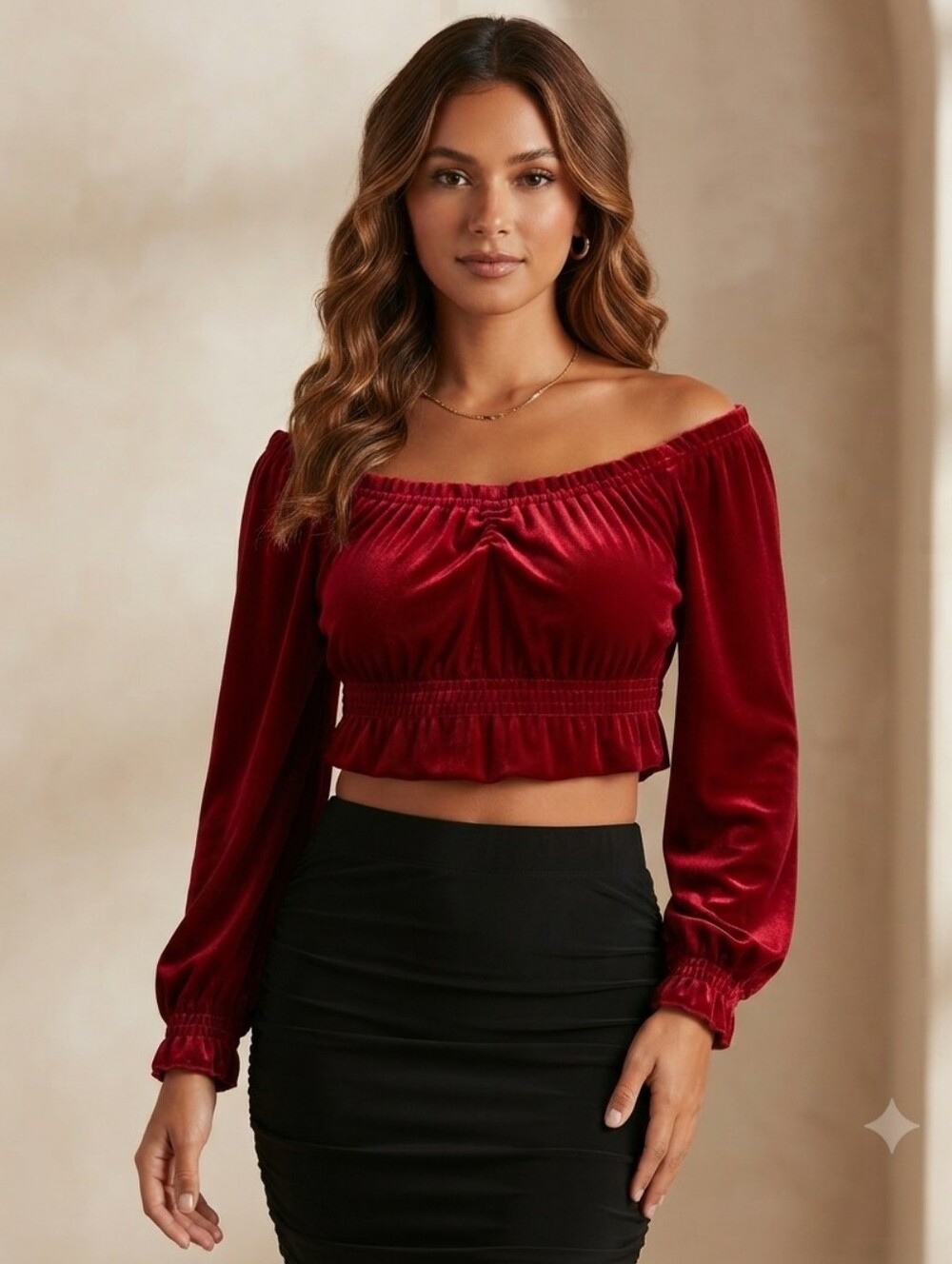 With Jules Medium Red Velvet Cropped Peasant Top - NWT